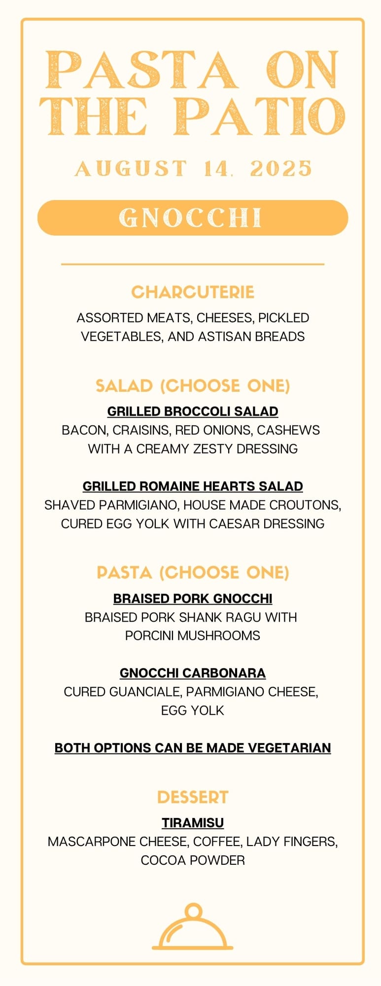 Pasta on the Patio August 2025 Menu